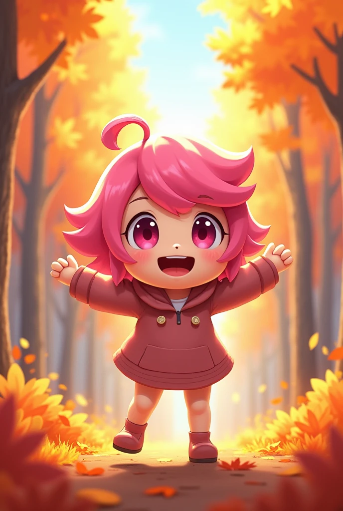 cheered up,short stature, , by the width, pink hair ,bright pink eyes, autumn forest background