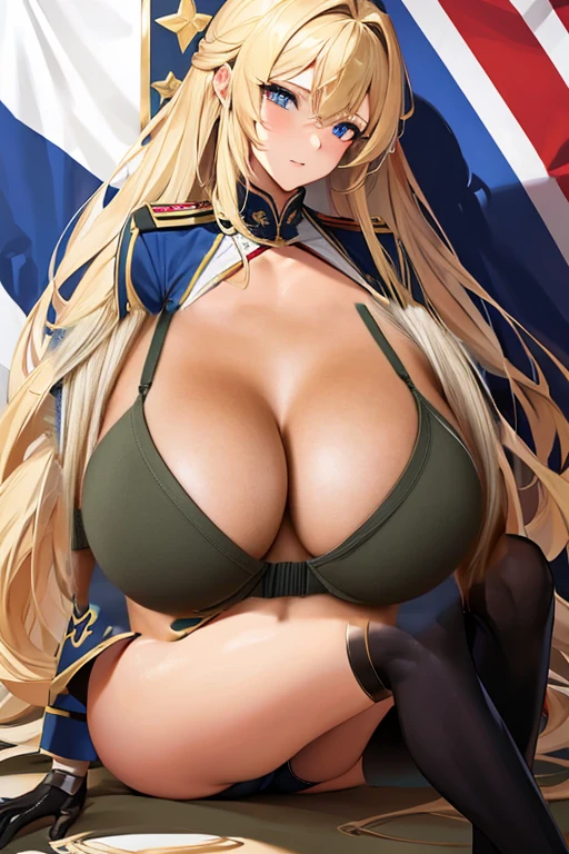 USA military , full body she is waiting to make love to you, , European woman, military uniform bikink, tight top, huge breasts, blond and long and straight hair, blue eyes, breasts visible, huge breasts, gigantic breasts, oversized breasts, army bikini