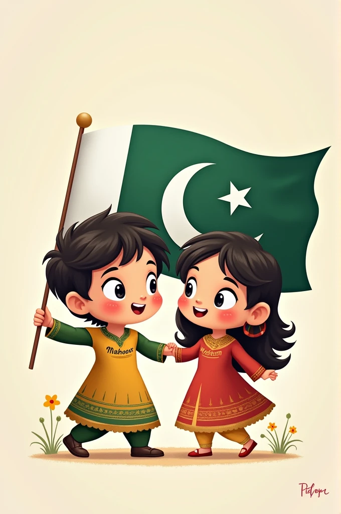 A cartoonic boy and girl wearing Pakistani dress, Holding Pakistani flag, "Mahnoor" written on girl's shirt, "Ibrahim" written on boy's shirt
