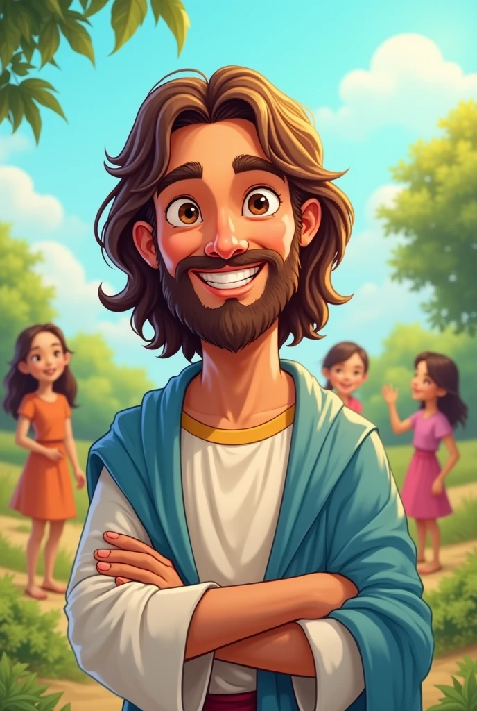 create an image of Jesus Christ with these specifications please
Drawing Style: Friendly and colorful, like the one in cartoon style
.


2. facial expression: May Jesus Christ have a smile and tender eyes.. This will convey joy and warmth.

3. outfit: You can dress him in a simple tunic and a cloak, using soft colors like white and blue, which are common in artistic representations.

4. Background with children in a natural landscape and like a canvas

