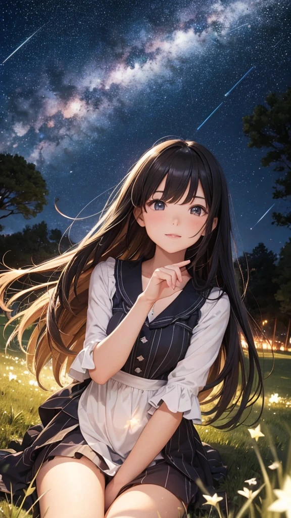 ((Detailed depiction of the face)),Rounded corners, 超High resolution, retina, Attention to detail, Highest quality, High resolution, 4K,Girl sitting on the meadow at night, Put your hands on the ground、Look up. The surroundings are shrouded in darkness, Above her is a sky full of bright stars. The stars emit brilliant light, Meteor showers create beautiful trails of light in the night sky. Countless shooting stars dance in the sky, Get the girl&#39;s attention. She is filled with quiet joy and awe., It&#39;s like touching the wonders of the universe.. The tranquil grassland gives her a sense of peace and magical energy., The glow of the night sky envelopes her soul.