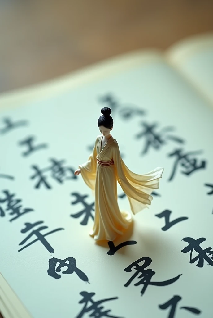 A miniature figure of an ancient Chinese Ancient style beauty wearing traditional Hanfu , walking on a white paper covered in minimalist calligraphy. Calligraphy is written around him, and the background adopts Japanese writing style. The high angle perspective and perspective composition create a strong sense of three dimensionality. The sunlight shines in from above, casting warm shadows on it. The cool tones and soft lighting create a peaceful atmosphere. This scene was shot in close-up with a macro lens to highlight details --ar 3:4 --stylize 750