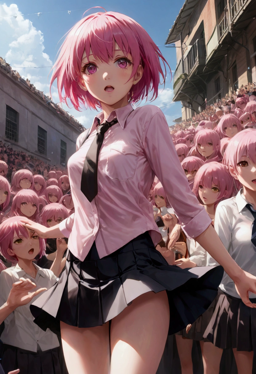 masterpiece, best quality, high resolution, absurd, 1 Girl, crowd, skirt, Pink Hair, Kasai Yuno, From below, Revealing clothes, Skin Indentation, outdoor, Sunlight, street, Looking at the audience, blush,