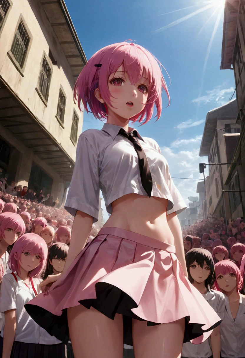 masterpiece, best quality, high resolution, absurd, 1 Girl, crowd, skirt, Pink Hair, Kasai Yuno, From below, Revealing clothes, Skin Indentation, outdoor, Sunlight, street, Looking at the audience, blush,