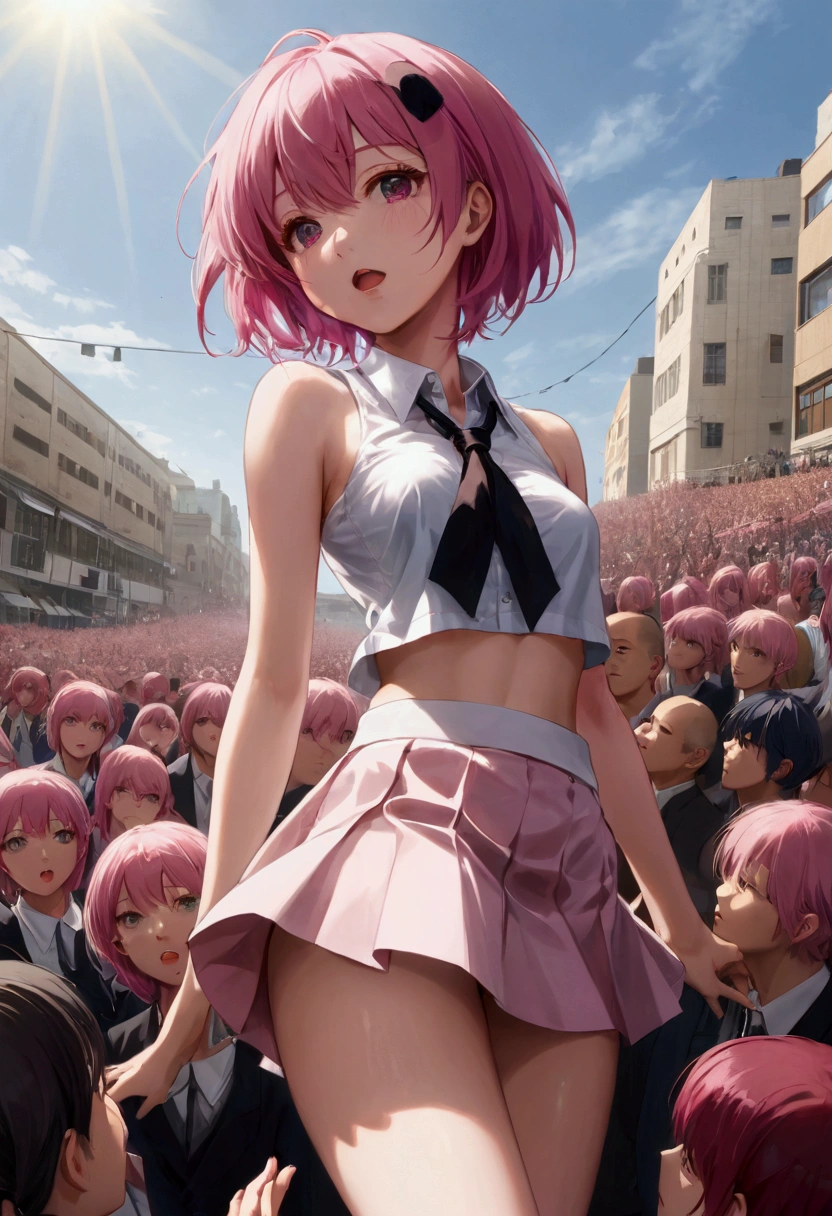 masterpiece, best quality, high resolution, absurd, 1 Girl, crowd, skirt, Pink Hair, Kasai Yuno, From below, Revealing clothes, Skin Indentation, outdoor, Sunlight, street, Looking at the audience, blush,