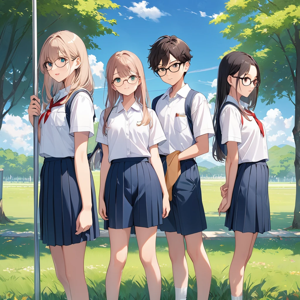 An illustration of four young students standing in a row, wearing school uniforms with white shirts and blue shorts. They are all positioned in front of the Indian national flag, which is hoisted on a tall flagpole. The students are shown with different facial expressions and hairstyles, and two of them are wearing glasses. The background is a serene outdoor setting with green grass, a few distant trees, and a clear sky with soft clouds."