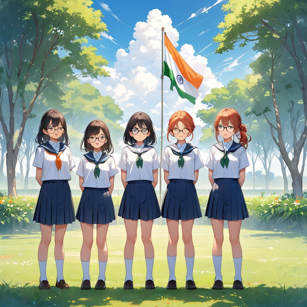 An illustration of four young students standing in a row, wearing school uniforms with white shirts and blue shorts. They are all positioned in front of the Indian national flag, which is hoisted on a tall flagpole. The students are shown with different facial expressions and hairstyles, and two of them are wearing glasses. The background is a serene outdoor setting with green grass, a few distant trees, and a clear sky with soft clouds."