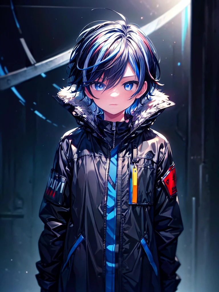 [(MOONLIGHT BACKGROUND:1.5),::5], ((((masterpiece)))), high quality, ultra very high resolution, full color, (((solo))), (( boy)), BLACK hair, ((Blue streaked short hair)), (oriental deepblue eyes), anime, ((upper body)), Summer clothes, black parka,
