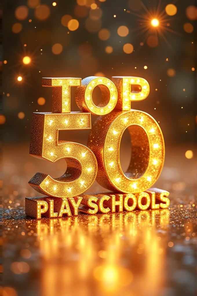 Create an unique image with gold and silver glitters focus light and shiny backgrounds and representing "TOP 50 PLAY SCHOOLS"beneath the star memonto.