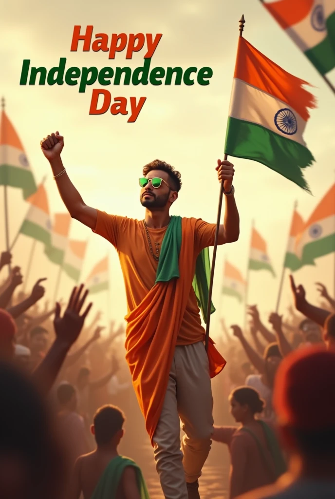 "Generate a real-life image of a 25-year-old (boy) joyfully celebrating Indian Independence Day with flag in hand. The individual is dressed in traditional Indian attire with the name 'YOUR NAME' prominently displayed on their clothing. The sky above them features the words 'Happy Independence Day' in a bold font. The background is alive with a crowd of people celebrating, creating a vibrant and patriotic atmosphere."