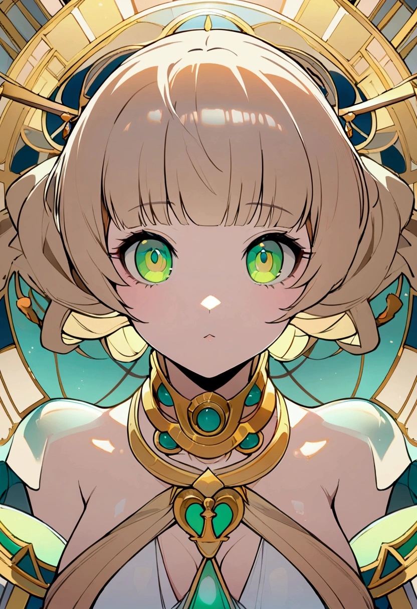 1 beautiful girl, Green shiny eyes, Long beige blonde hair, Greek clothing:0.9, Overhead shot, Dazzling sunshine, complex, Flashy, translucent, Medium scenario, Grotesque art style, Extremely creative, author：Alphonse Mucha, Simple and mysterious, high quality, 8K