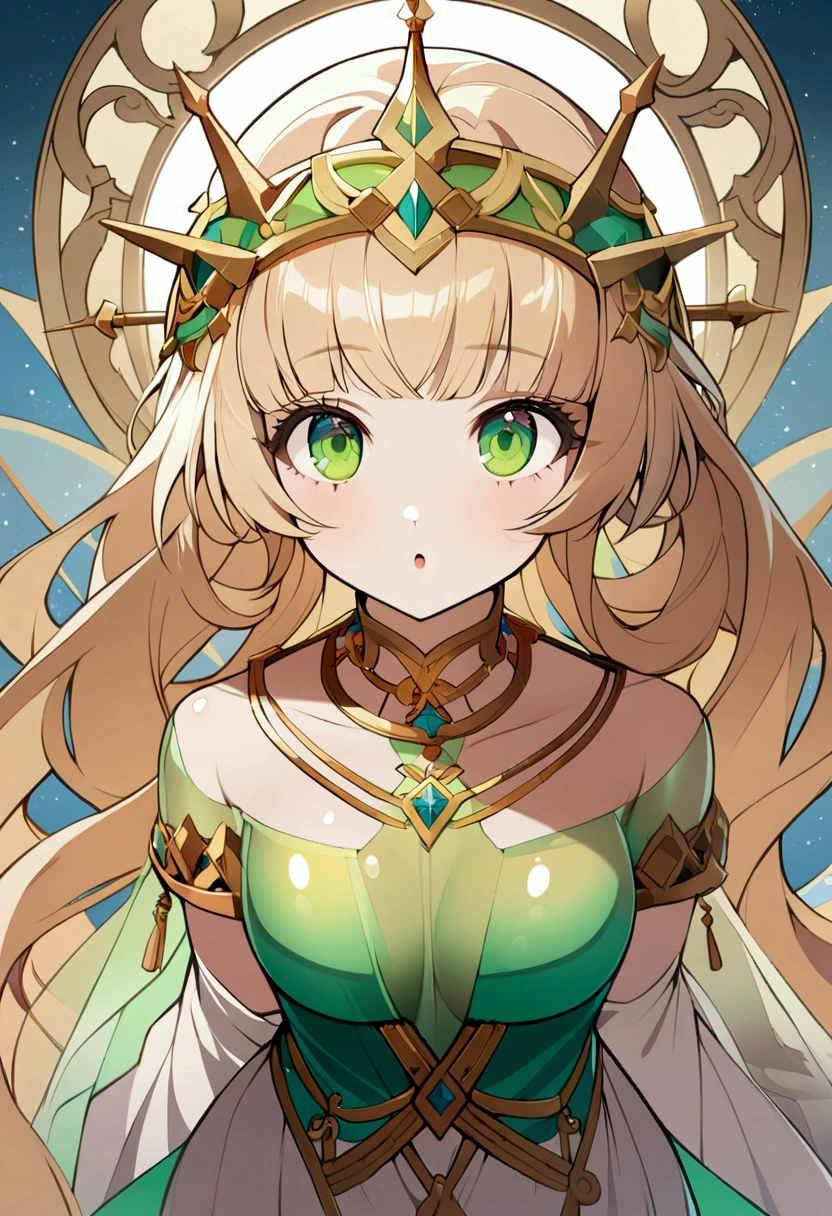 1 beautiful girl, Green shiny eyes, Long beige blonde hair, Greek clothing:0.9, Overhead shot, Dazzling sunshine, complex, Flashy, translucent, Medium scenario, Grotesque art style, Extremely creative, author：Alphonse Mucha, Simple and mysterious, high quality, 8K