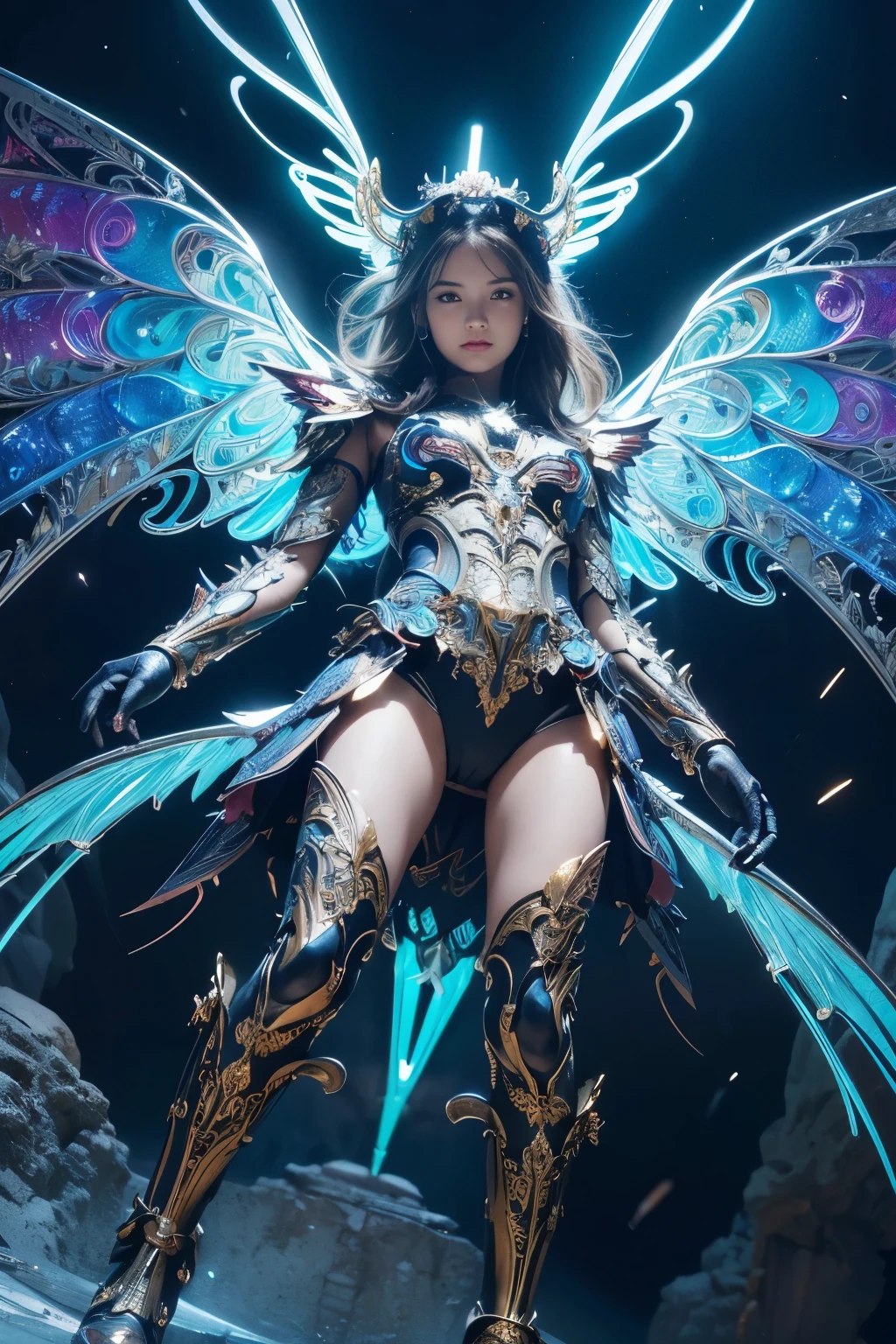 (best quality, masterpiece, colorful, dynamic angle, from below, highest detailed)upper body photo, full body photo, fashion photography of cute mechangel, glowing 4 wings, solo, glowing armor, glowing halo, building, glowing mechanical 4 wings (intricate details, hyperdetailed:1.15), detailed, light passing through hair, (official art, extreme detailed, highest detailed), HDR+