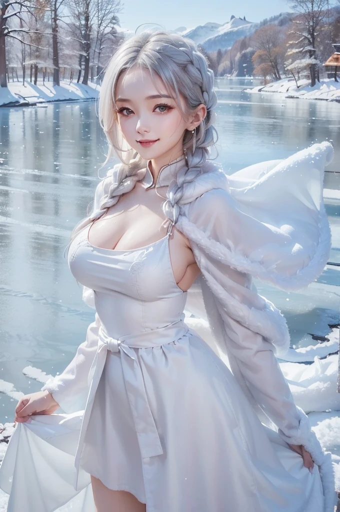 (the upper body:1.5).masterpiece、Highest quality、1 girl, winter, silver hair, Cute girl, smile, close mouse, large breasts, sideboob:1.4, white dress, winter clothes, long skirt, Fur coat、Small waist、Thin legs、outdoors, front of the lake, snow falling, Prayer Pose, join hands, from front