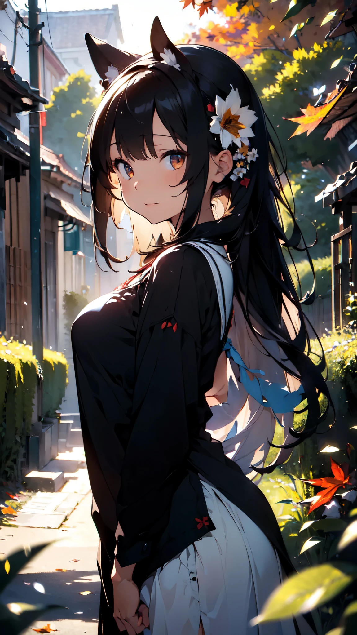 best quality, (masterpiece:1.35), wallpaper, (illustration), original, (depth of field), (1girl:1.35), (solo), full body, dynamic, detailed face,mature female, adult, (old:1.3), Medium breasts, Amused, happy,miko clothing, flower trim,absurdly long hair, black hair,dog ears volumetric lighting, fall leaves, Tyndall effect,