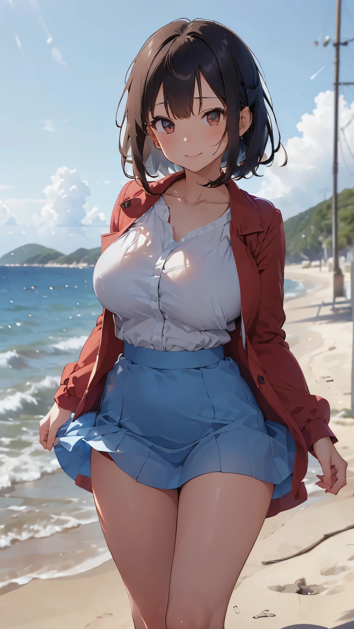 (Cute Smile、Black short bob、Cute orange hair clip)、((Clothed Big Tits、Pure white blouse))、((Light blue flared skirt、The skirt flutters up in the wind、Cute underwear in blue and white))、Bare feet and naked feet、((Sandy beach, sea and blue sky))、((The face is in focus and the background is blurred、Shallow depth of field))、Realistic、Standing posture、((Moderately large breasts、Closer valley、Pie Slash))、(A bright red long coat over a blouse、Spread a long coat with both hands)、(A light blue bra clearly shows through under the blouse、Quarter cup black)