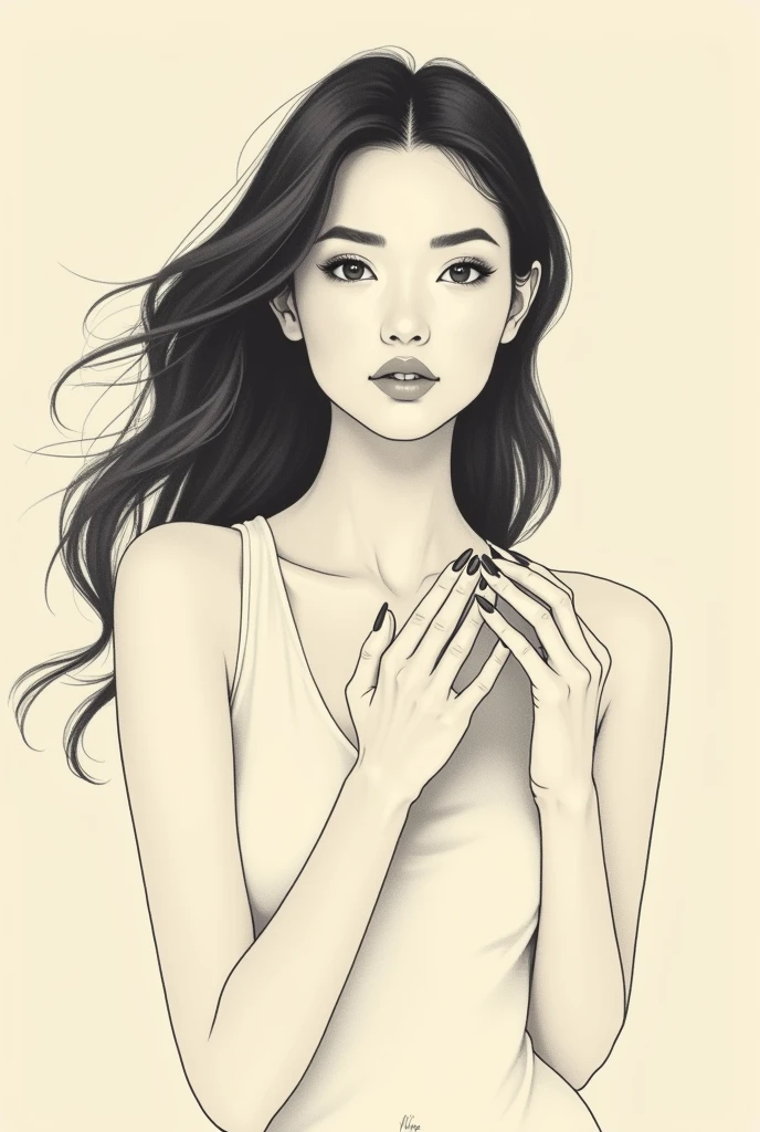 Illustration of a beautiful woman posing as a model in a minimalist, monochrome style. The image should have soft, muted tones like beige or light brown, with a focus on fine details and shading. The woman should have sharp facial features with long open hair and the composition should highlight her hands with long beautifully decorated nails. The overall mood should be elegant and sophisticated, with a touch of modern, sleek design. The background should be simple, allowing the main subject to stand out. Do not want a photorealistic image. It has to have an artistic effect.