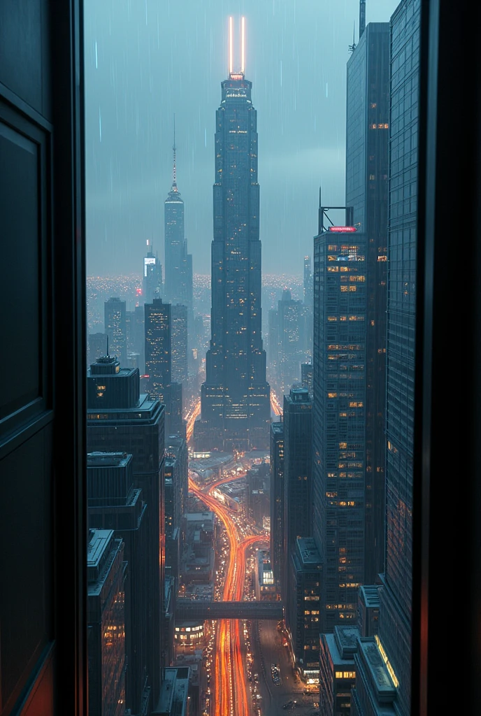 cyberpunk city skyscrapers, view from high floor window, cityscape, futuristic architecture, neon lights, rainy atmosphere, dark colors, dramatic lighting, dystopian setting, advanced technology, glass and steel buildings, flying cars, holographic displays, gritty urban environment, moody and atmospheric, cinematic composition, intricate details, hyper-realistic rendering, award-winning digital art, (best quality,4k,8k,highres,masterpiece:1.2),ultra-detailed,(realistic,photorealistic,photo-realistic:1.37)