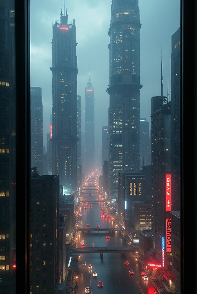 cyberpunk city skyscrapers, view from high floor window, cityscape, futuristic architecture, neon lights, rainy atmosphere, dark colors, dramatic lighting, dystopian setting, advanced technology, glass and steel buildings, flying cars, holographic displays, gritty urban environment, moody and atmospheric, cinematic composition, intricate details, hyper-realistic rendering, award-winning digital art, (best quality,4k,8k,highres,masterpiece:1.2),ultra-detailed,(realistic,photorealistic,photo-realistic:1.37)