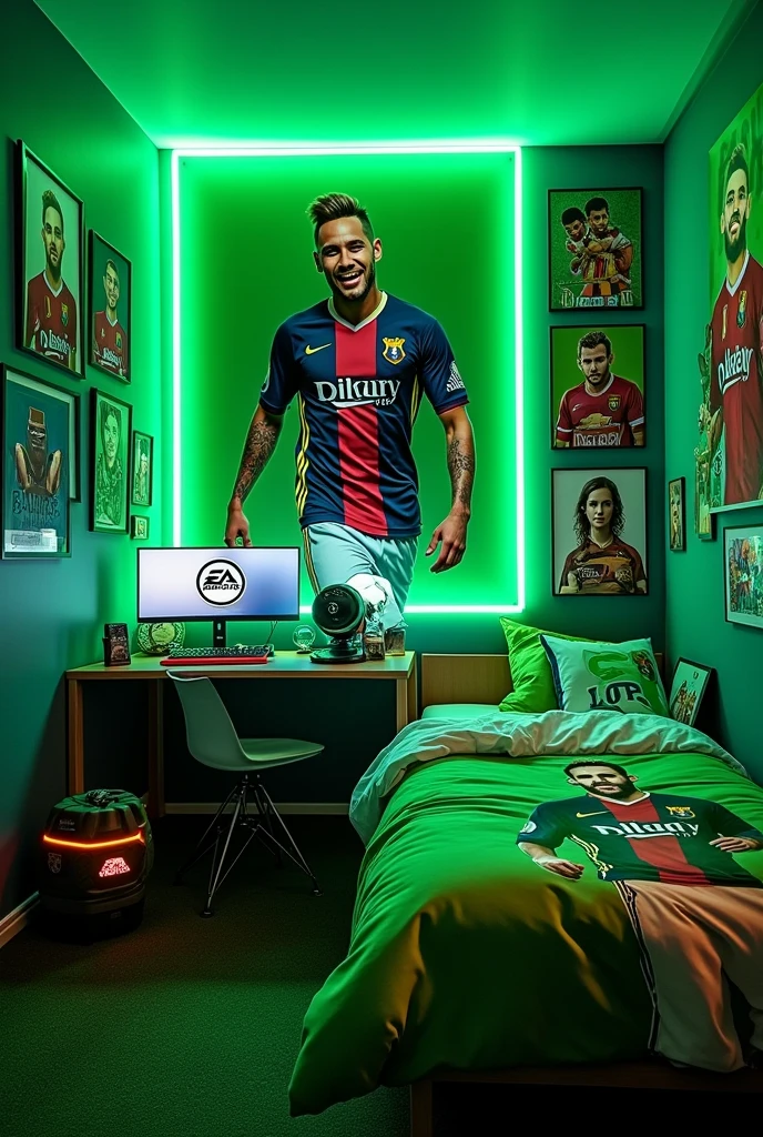 I want a photo of bedroom.which has neymar jr poster and pics on wall.it has a gaming setup green coloured. The room has neymar pic bedsheet.the room is filled with neymar and green coloured theme. 