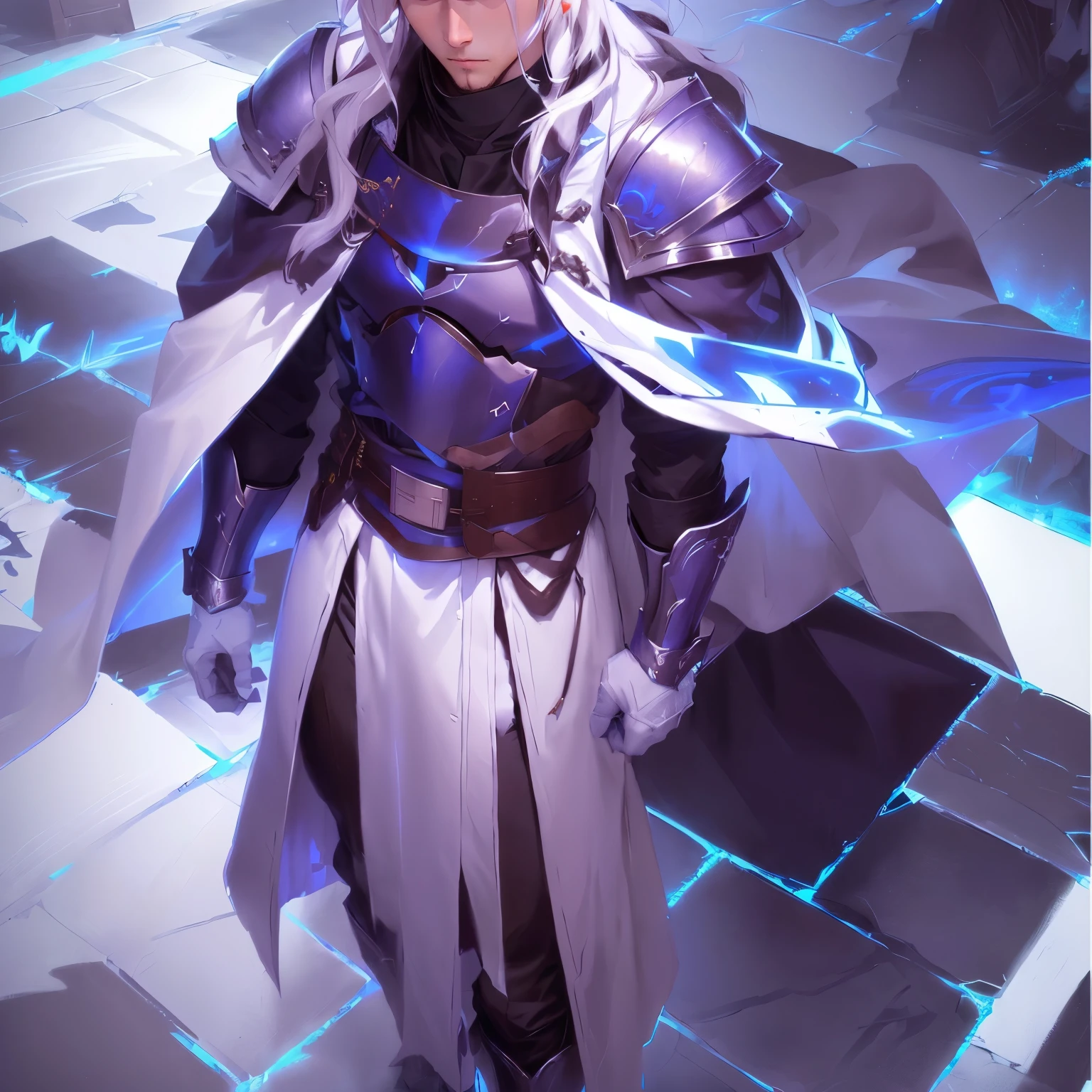 anime image - style of a man dressed in a white and blue outfit, a elfo male paladin, 由杨J, male paladin, photo of a male cleric, full portrait of the magic knight, casimir art, handsome guy in demon slayer art, epic and exquisite character art, guweiz no pixiv artstation, Guweiz na ArtStation Pixiv