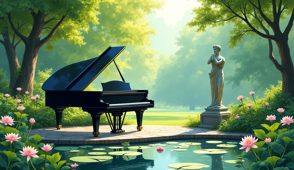Black grand piano、The statue is placed in front of a pond with blooming water lilies.。Drawn in a realistic watercolor style throughout、There is a quiet atmosphere。The piano is surrounded by lush trees and bushes.、It depicts a corner of a beautiful garden with sunlight streaming in.。