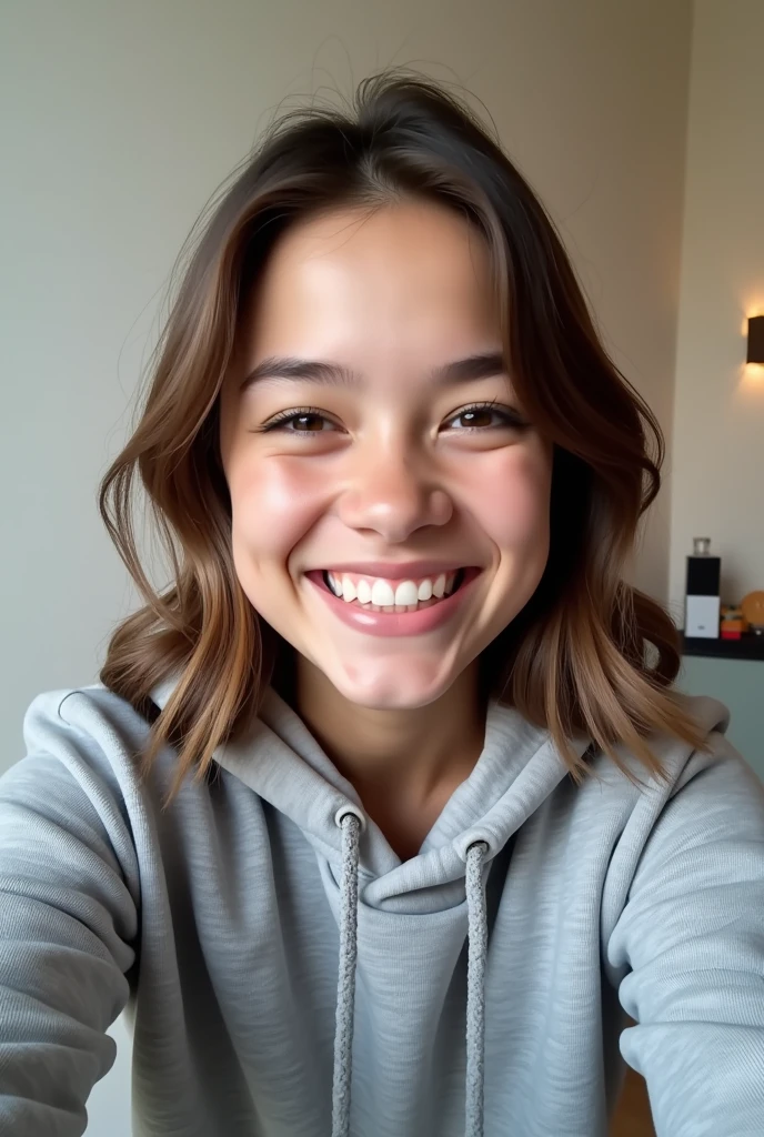 Selfie girl smile use greey hoodie on