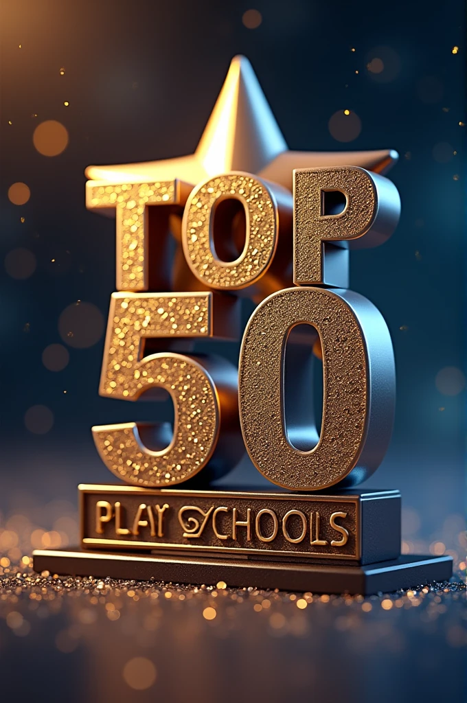 Create an unique image with gold and silver letters representing TOP 50 PLAY SCHOOLS benith the star memonto . With the unique background