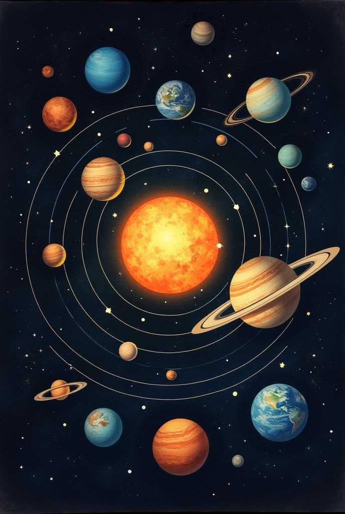 Make accurate drawing of solar system with 9 planets in orbits