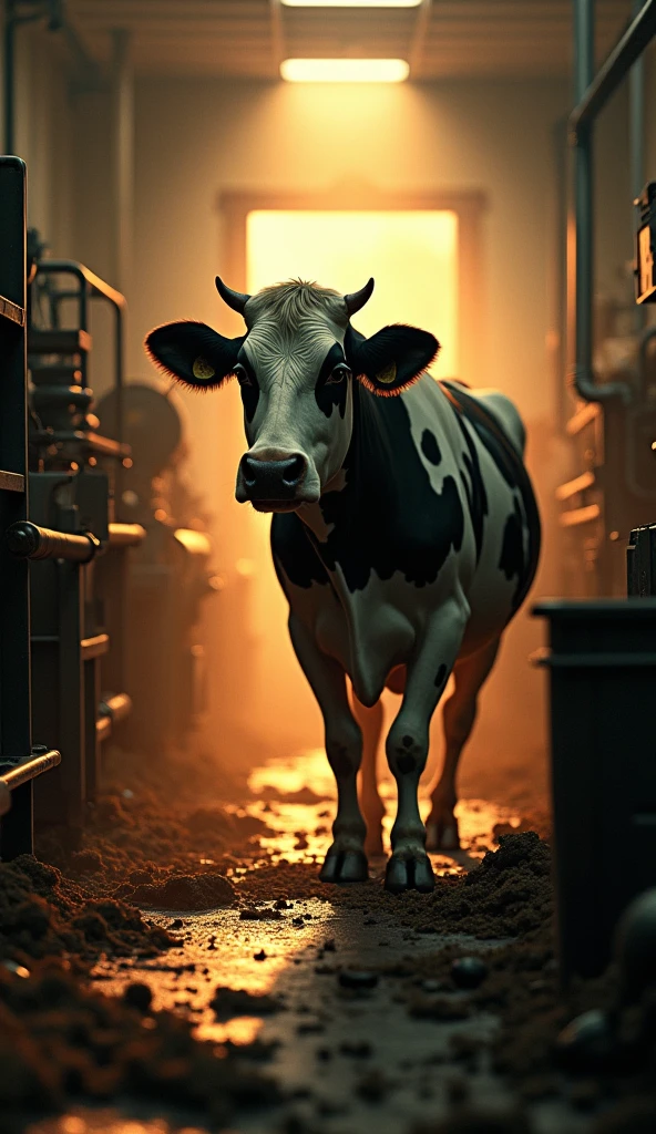The cow working late in the factory, with a warm glow of light illuminating her as she continues her tasks.