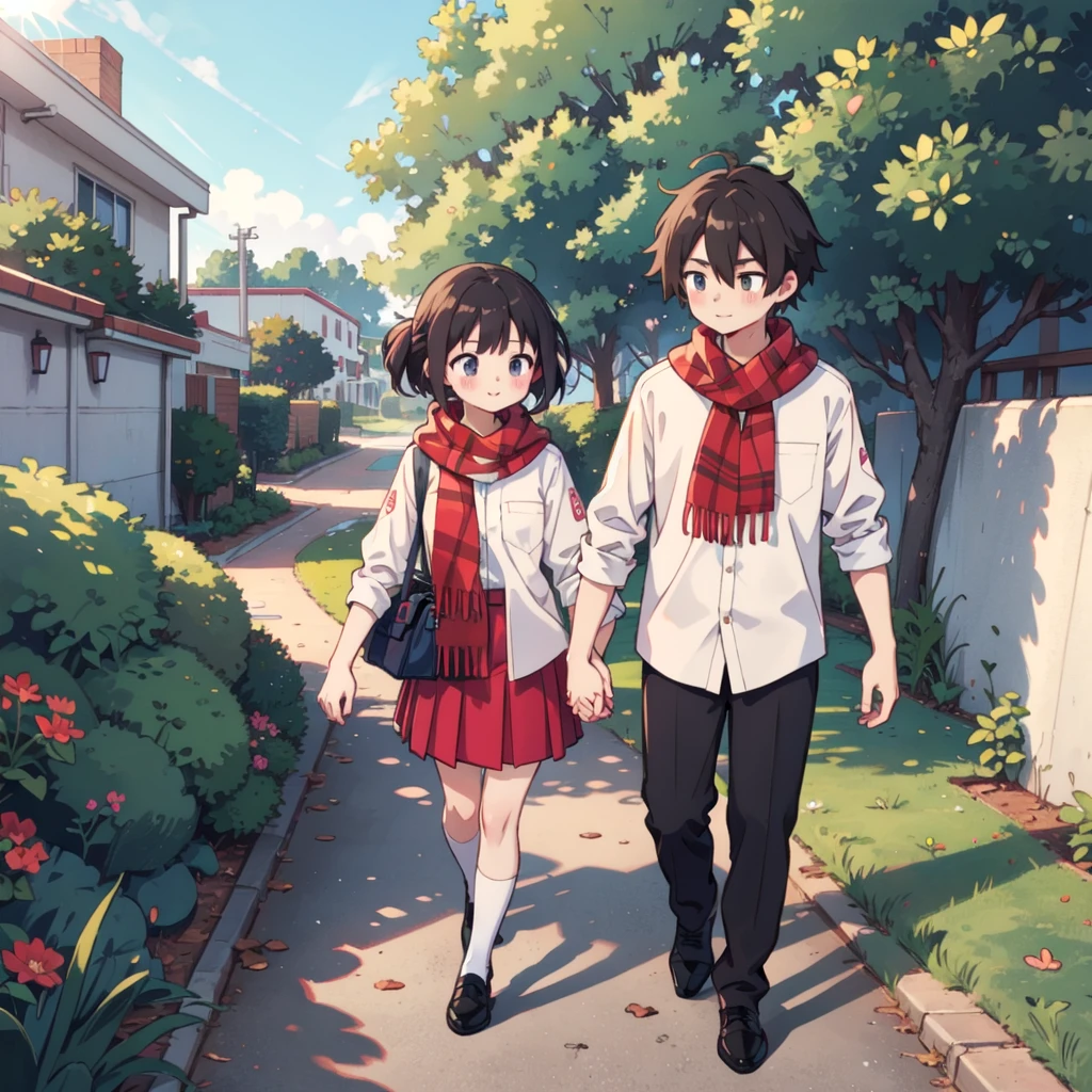 Anime style, teenage couple, romantic atmosphere, both characters are wearing white shirts and red pioneer scarves, they are holding hands while walking to school, school background, soft morning sunlight, gentle wind