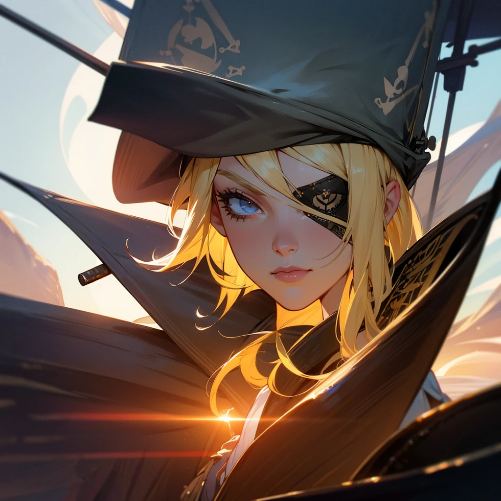 A beautiful blonde pirate woman with an eye patch, detailed face, long eyelashes, wearing a pirate hat, holding a sword, on a pirate ship at sea, cinematic lighting, dramatic colors, highly detailed, photorealistic, 8k, best quality