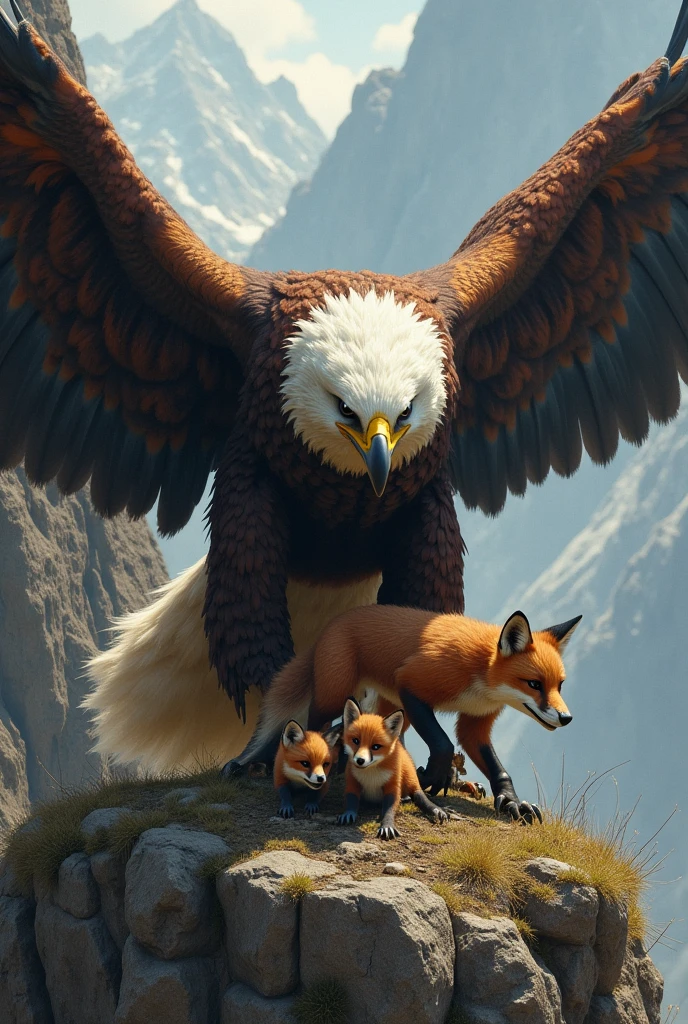 Eagle picked up one of the fox's cubs, took it to her nest, and ate it along with her chicks.