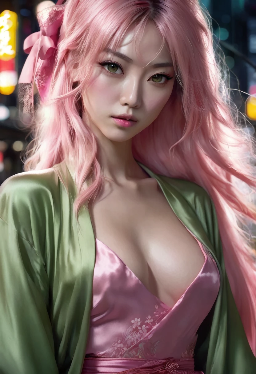 1 woman, she is Japanese, in a city at night, wearing a red dress, feminine light green eyes, fair and detailed skin, small beautiful breasts, long light pink hair, dramatic lighting, cinematic composition, dark palette, dark colors, atmospheric mist, thin chin, serious face, serious face, beautiful woman, very beautiful, adult woman, ultra-realistic, adult woman (best quality, 4K, 8K, high resolution, art: 1.2), ultra-detailed (realistic, photorealistic, photorealistic: 1.37)