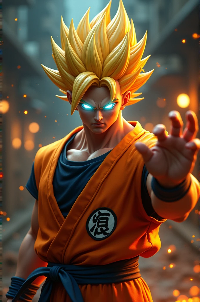 A striking Adult real actors face (human actors) full images Ultra-realistic2.0 render of a adult character with yellow, spiky hair and glowing blue eyes, captured in a dramatic full body realism shot Orange martial arts(Goku realistic attire). The character fills most of the screen television frame movies(in real world), hand position to ready to fight pressed to their bump in a "pow" gesture. Set in a dimly lit urban environment, the background features a bokeh effect highlighting glowing lights and subtle fire. The character's hair Goku realistic attire from (dragon ball) boasts a glossy, almost metallic sheen, with strands catching the light. Their intense, otherworldly eyes emit a soft, radiant blue glow, contrasting the dark surroundings. Wearing a orange color martial arts karate attire pants, high-with intricate details, the character exudes a moody, serious atmosphere. sunrises color tones dominate the scene, with warm-colored embers floating around the character, adding warmth and contrast to the burn, red hues., illustration, real world background AI