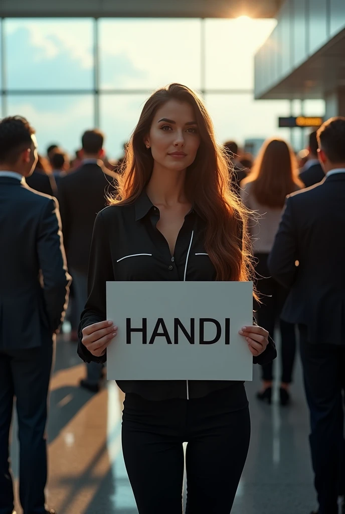 detailed, concentrated, Professional lighting, Very beautiful women, airport, long hair, curve body, black shirts(square white line motif), Full body image, Take a crowded line, Standing in the airport waiting for somebody, Holding the large papper with text HANDI, Crowded inside the airport, Surrounded by men and women, the lights from the window on her face.