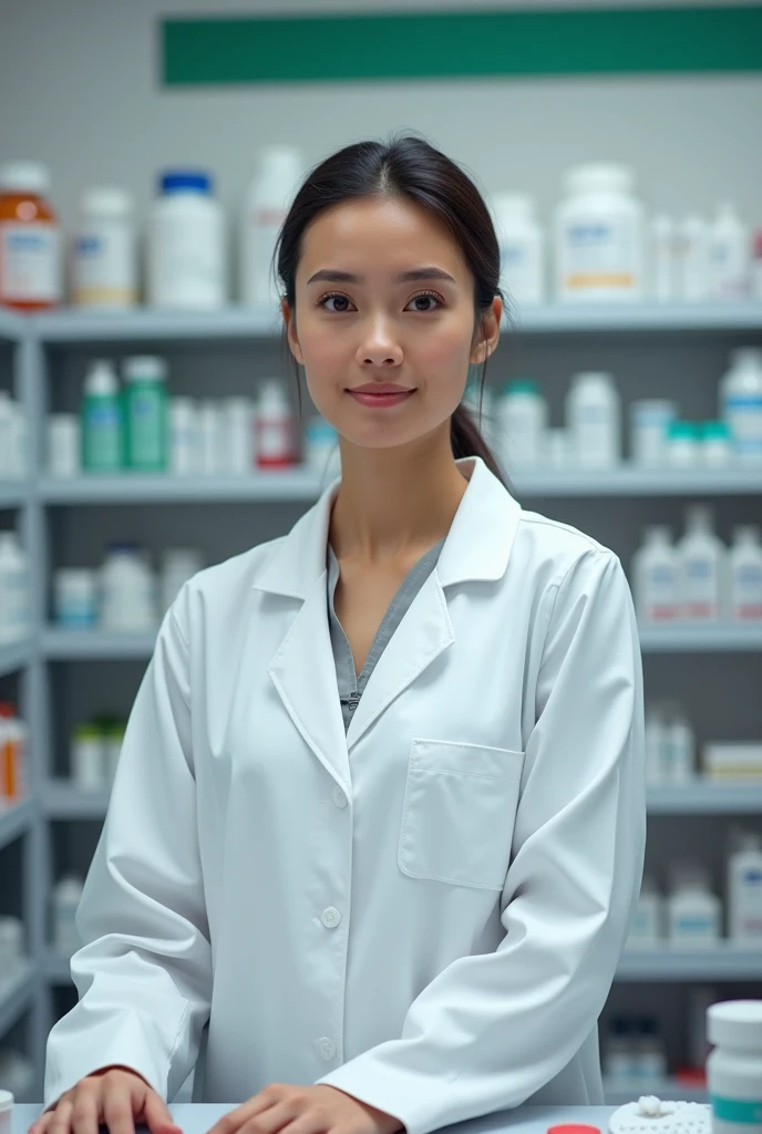 Woman in a lab coat at the pharmacy