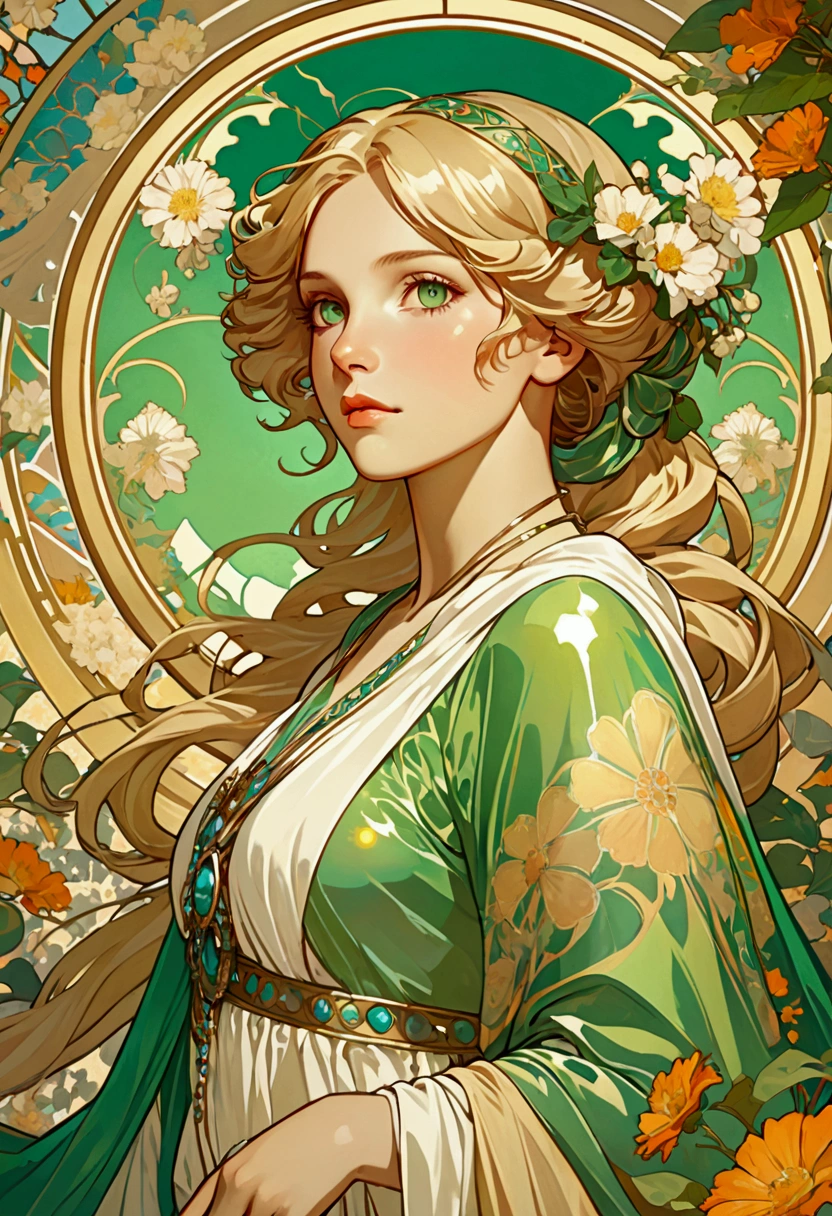 1 beautiful girl, Green shiny eyes, Long beige blonde hair, Greek clothing:0.9, Overhead shot, Dazzling sunshine, complex, Flashy, translucent, Medium scenario, Grotesque art style, Extremely creative, author:Alphonse Mucha, Simple and mysterious, high quality, 8K