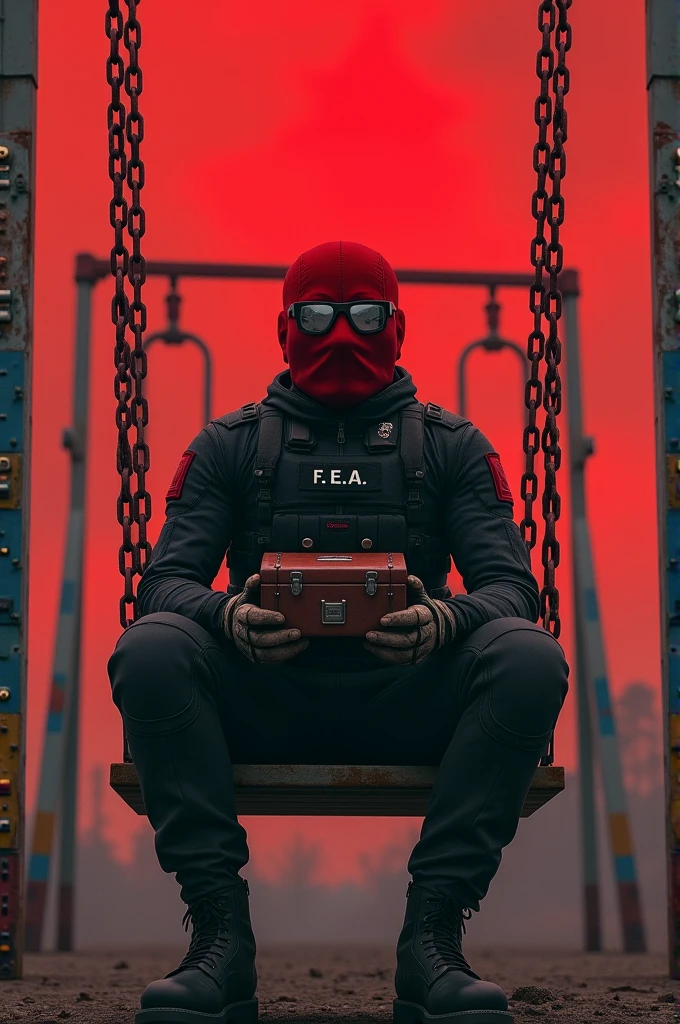 F.E.A.R. Operative with red glasses and balaclava sitting on the swings and holding music box looking up at the red sky. 