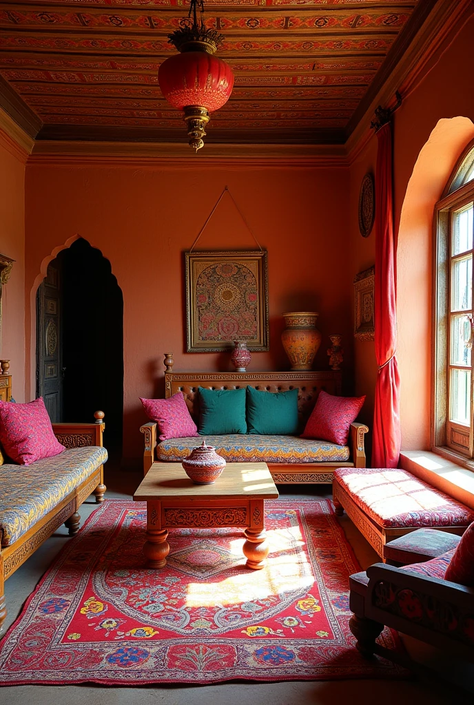 Create an interior design for a living room in a maximalist-style traditional home, reflecting the vibrant culture of an Indian village in Punjab. The design should incorporate rich textures, bold colors, and ornate patterns, with locally sourced materials such as wood and clay. Include elements like traditional Punjabi furniture, embroidered textiles, and handcrafted décor, while ensuring the space is comfortable and suited to the warm climate.