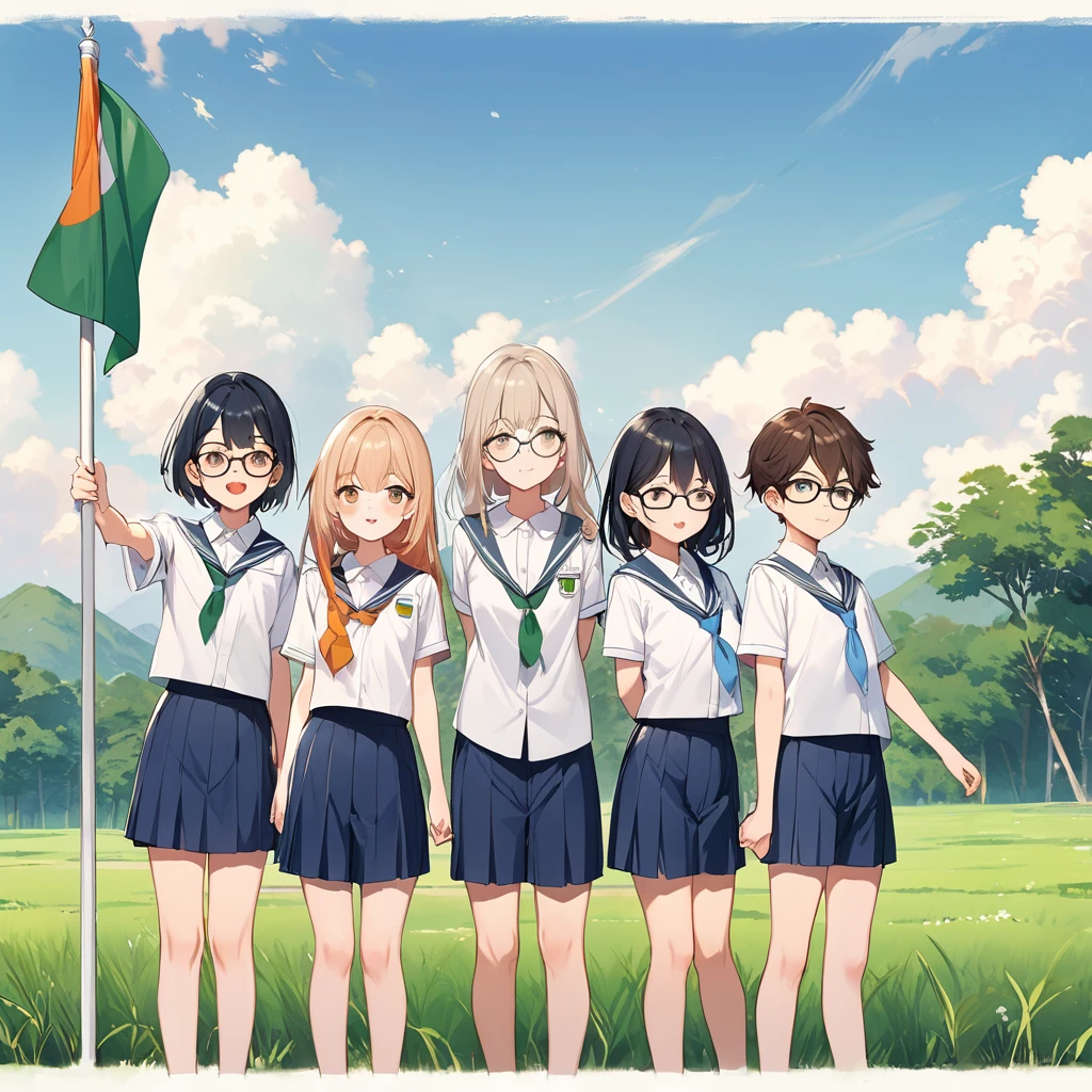 An illustration of four young students standing in a row, wearing school uniforms with white shirts and blue shorts. They are all positioned in front of the Indian national flag, which is hoisted on a tall flagpole. The students are shown with different facial expressions and hairstyles, and two of them are wearing glasses. The background is a serene outdoor setting with green grass, a few distant trees, and a clear sky with soft clouds."