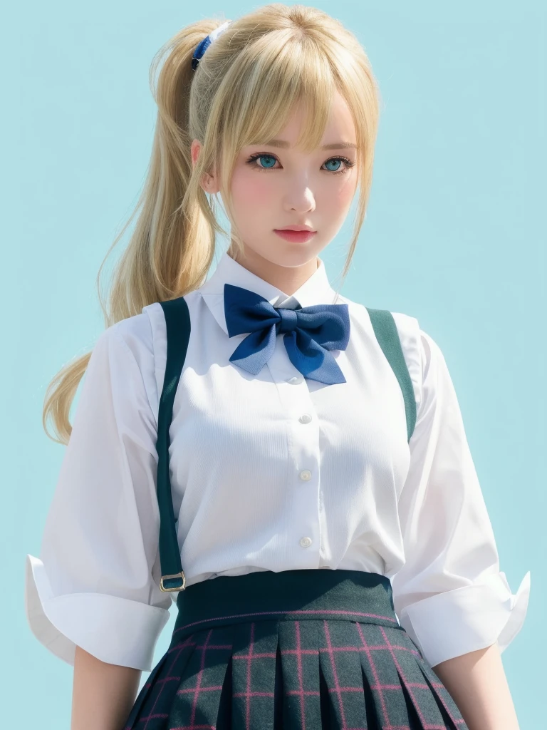 {{ayase eli}},{{love live!}}, bangs, blonde hair,blue eyes, middle breasts,, wave hair, white ribbon, high ponytail, otonokizaka school uniform, white shirt, {{{sweater vest}}},plaid skirt, check blue skirt, green striped bowtie,, simple background, white background, , 1girl, solo, , cowboy shot,, from front, facing the front, looking at viewer, straight-on, close to viewer,, year 2023,, very aesthetic, best quality, amazing quality, , curated, illustration, highly detailed,