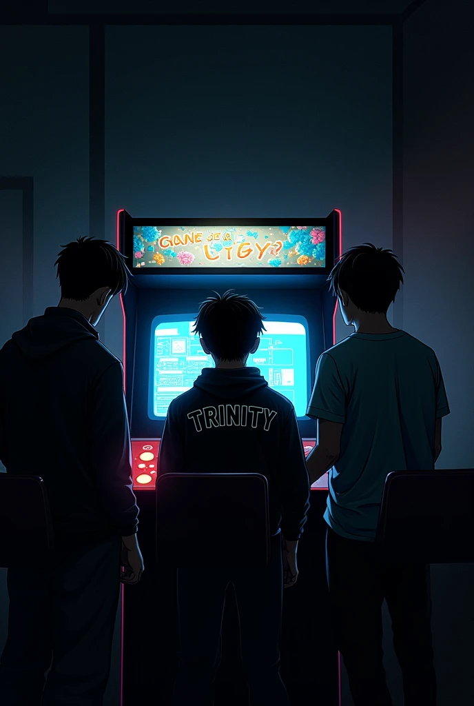draw a picture from behind showing 3 young men playing arcade. The room is dark and the background of the picture is black. The man in the middle is short and wearing a jacket that says Trinity, the man on the right is tall and has his hair parted in the middle, while the man on the left is tall and has his hair parted to the right. The picture should look like the game.