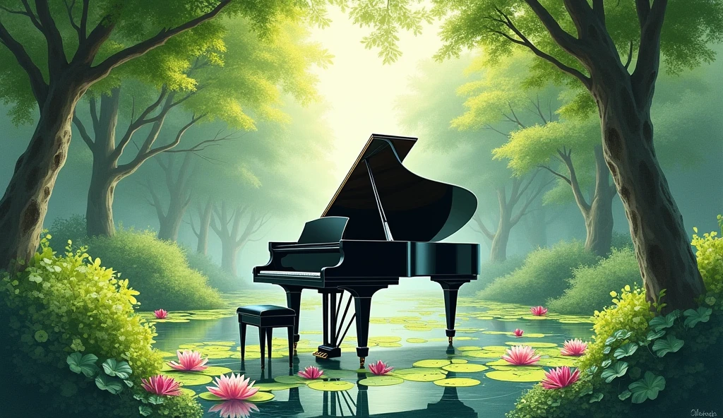 Black grand piano、The statue is placed in front of a pond with blooming water lilies.。Drawn in a realistic watercolor style throughout、There is a quiet atmosphere。The piano is surrounded by lush trees and bushes.、It depicts a corner of a beautiful garden with sunlight streaming in.。