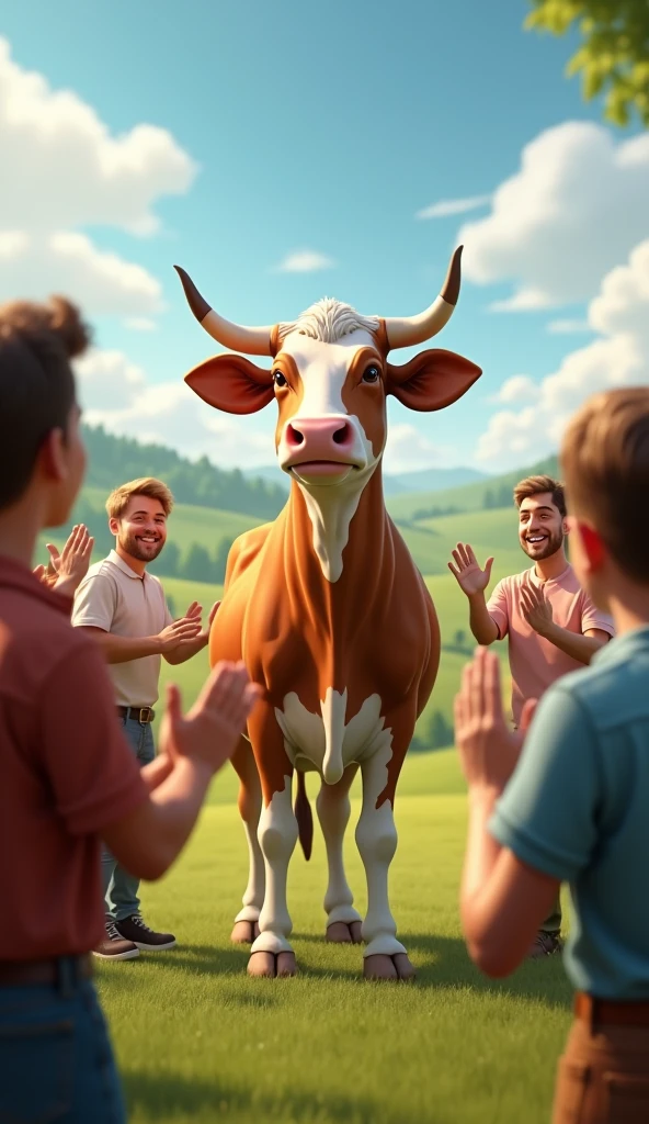 A proud moment where the cow stands tall, with human colleagues clapping in the background, celebrating her success.