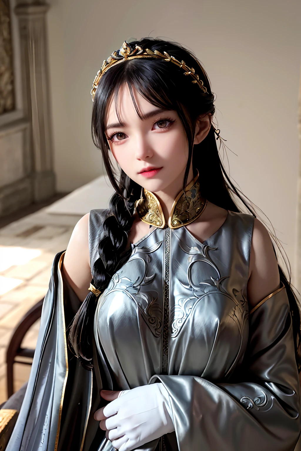 Highest quality, masterpiece,Gray Hair, Golden Eyes,medieval black dress, look up, Upper Body,hair,Fair skin,Side braid、Inside the medieval castle