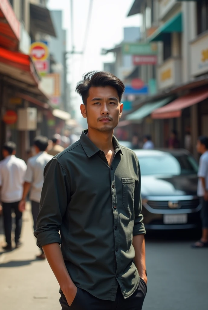 (photorealism:1.2), indonesian man, black hair, standup on the way, street background with cars and other people, day light, relaxed pose, realistic, intricate details, contras color
