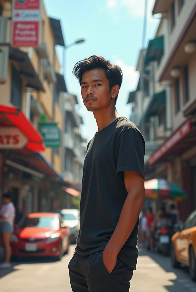 (photorealism:1.2), indonesian man, black hair, standup on the way, street background with cars and other people, day light, relaxed pose, realistic, intricate details, contras color