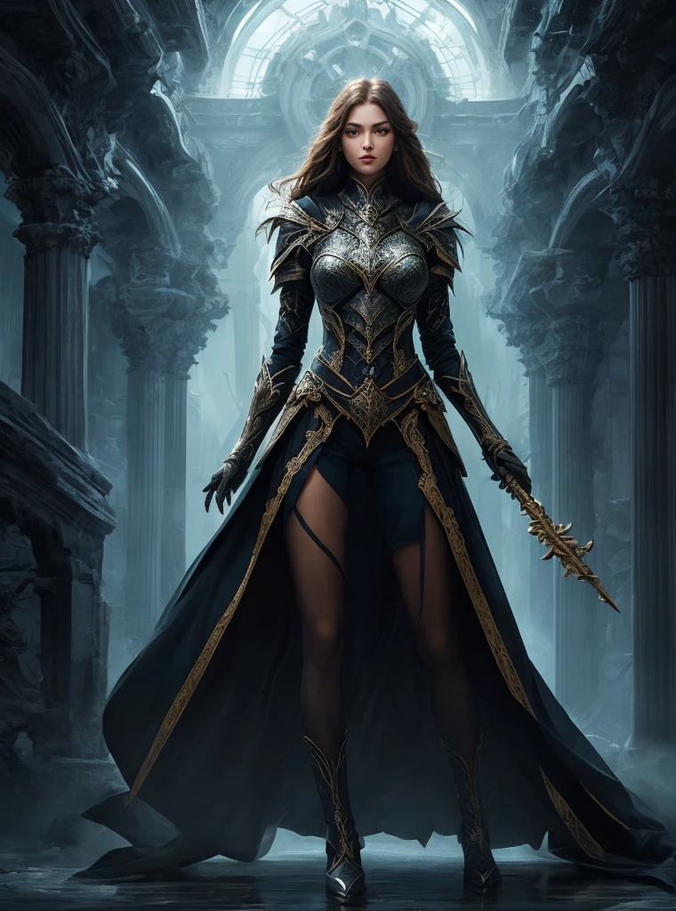 mysterious [girl|woman] in arcane [outfit|armor], long legs, wide stance, action pose, [elevate the quality to a professional level paying special attention to key features and details, craft images with sophisticated design and refined composition, exquisite attention to detail especially in obscure regions, strive for aesthetics and artistry, create stunning and highly detailed image, capture scenes with the highest possible resolution showcasing intricate details, aim for perfect depictions conveying exceptional depth and clarity, utilize soft lighting and shadows to highlight characteristic features, ensure crisp sharpness, apply deep and intense colors]