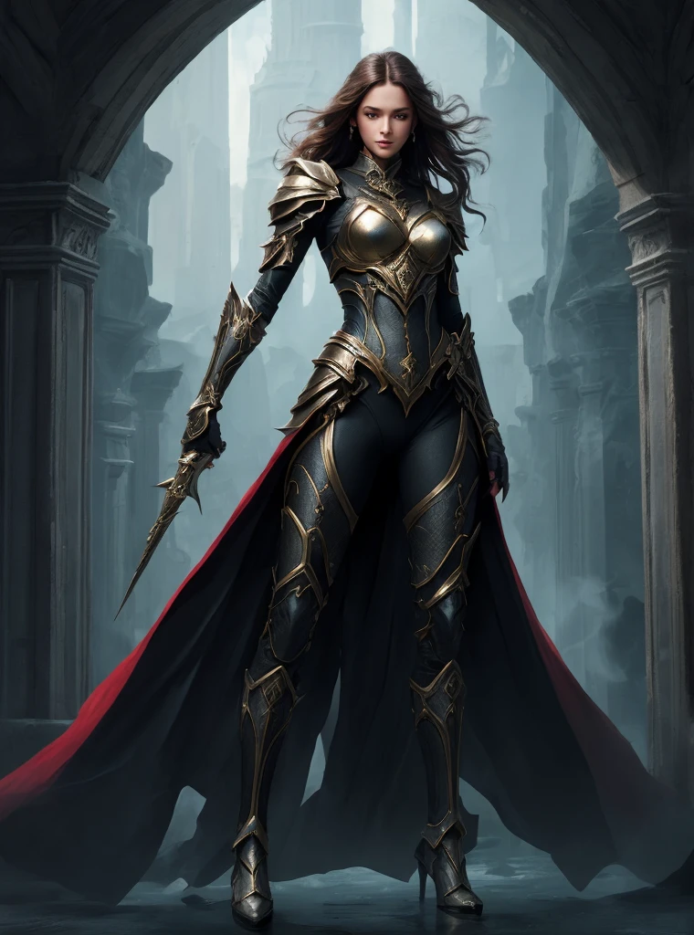 mysterious [girl|woman] in arcane [outfit|armor], long legs, wide stance, action pose, [elevate the quality to a professional level paying special attention to key features and details, craft images with sophisticated design and refined composition, exquisite attention to detail especially in obscure regions, strive for aesthetics and artistry, create stunning and highly detailed image, capture scenes with the highest possible resolution showcasing intricate details, aim for perfect depictions conveying exceptional depth and clarity, utilize soft lighting and shadows to highlight characteristic features, ensure crisp sharpness, apply deep and intense colors]